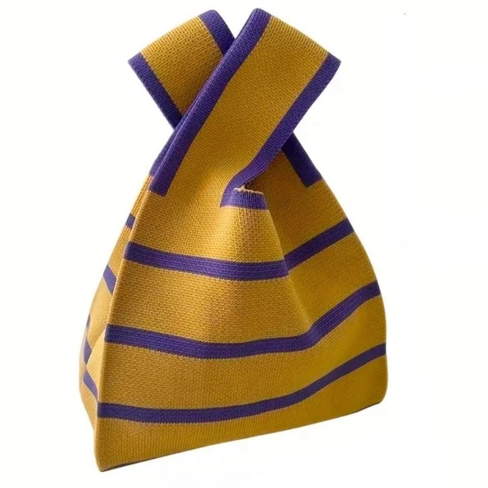 Heavy Woven Knit Stripe Pattern Tote Purse Bag Japanese Knot  Closure Style